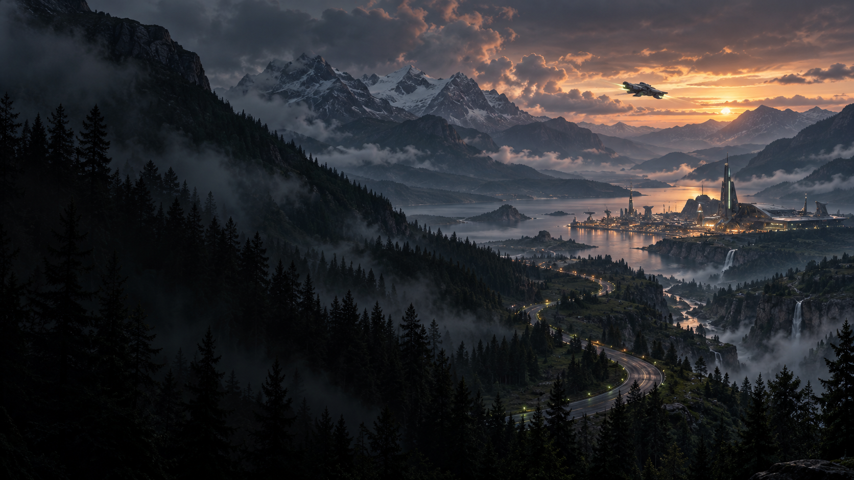 A winding road through a vast mountain valley toward a futuristic outpost